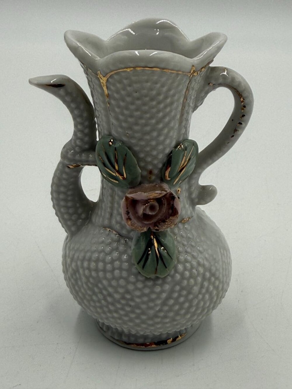 Japan White Hobnail Porcelain Bud Vase Pink Applied Rose Flower 4 in Vintage